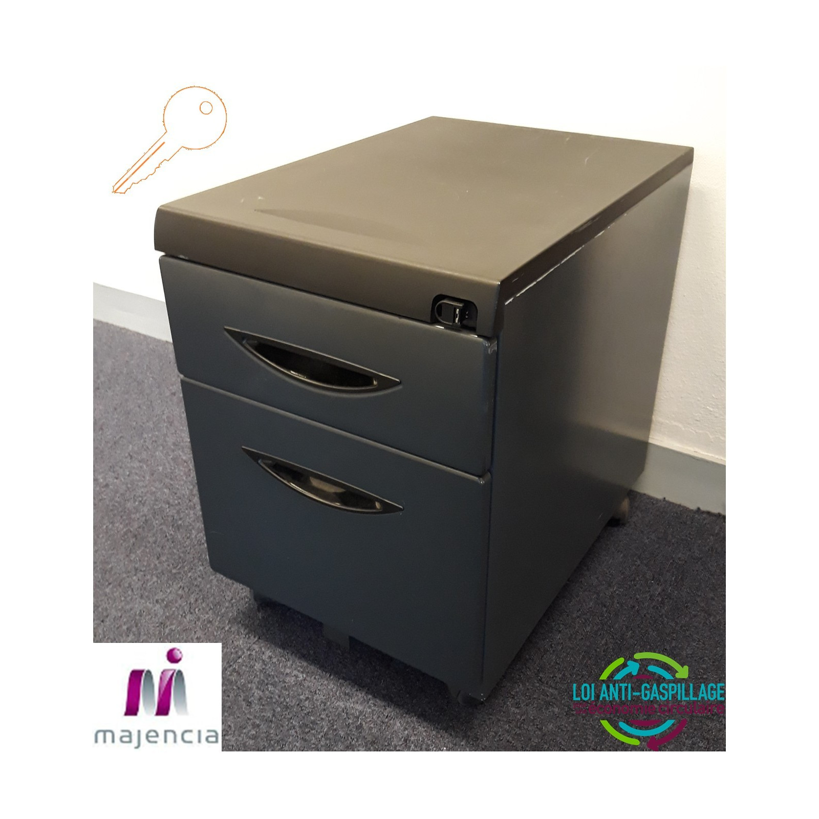 Caisson mobile 2 tiroirs de bureau Majencia Miléa anthracite dossier suspendus occasion réemploie Agec